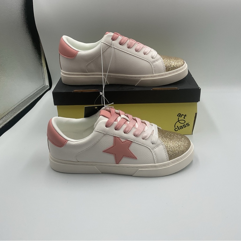 Art Class Girl Sz 5 Kaitlyn Court Sneakers Pink Stars Gold Sparkles White Shoe - Picture 3 of 7
